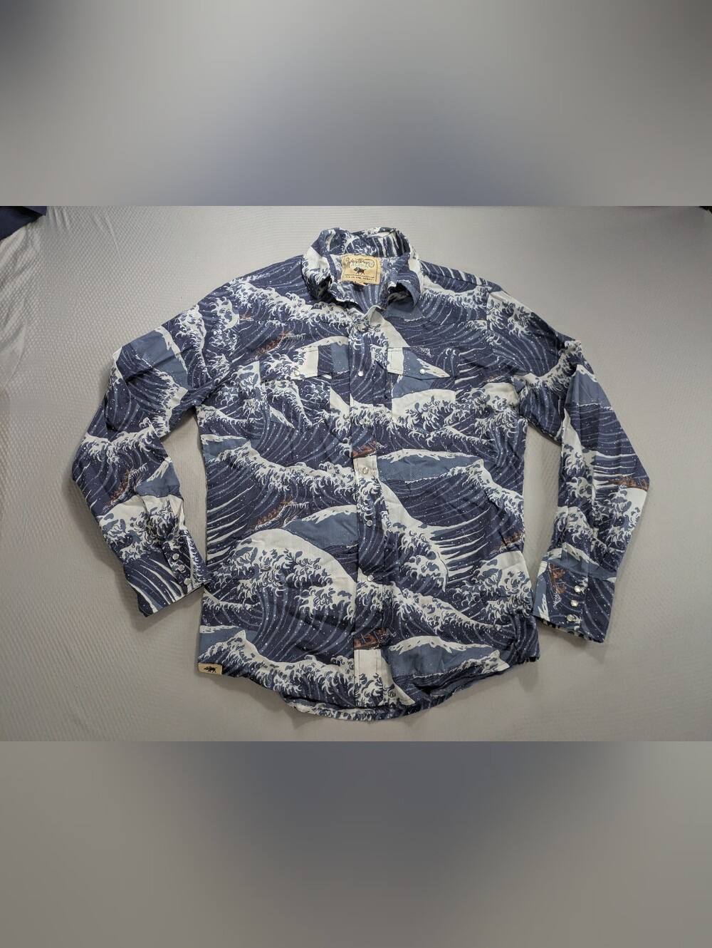 Western Aloha Hawaiian Shirt Mens Large Alenuihaha Winter Waves Print Pearl Snap